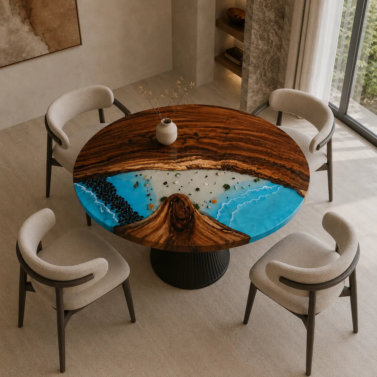Lagoon Crest Ocean Epoxy Walnut Round Dining Table RT19