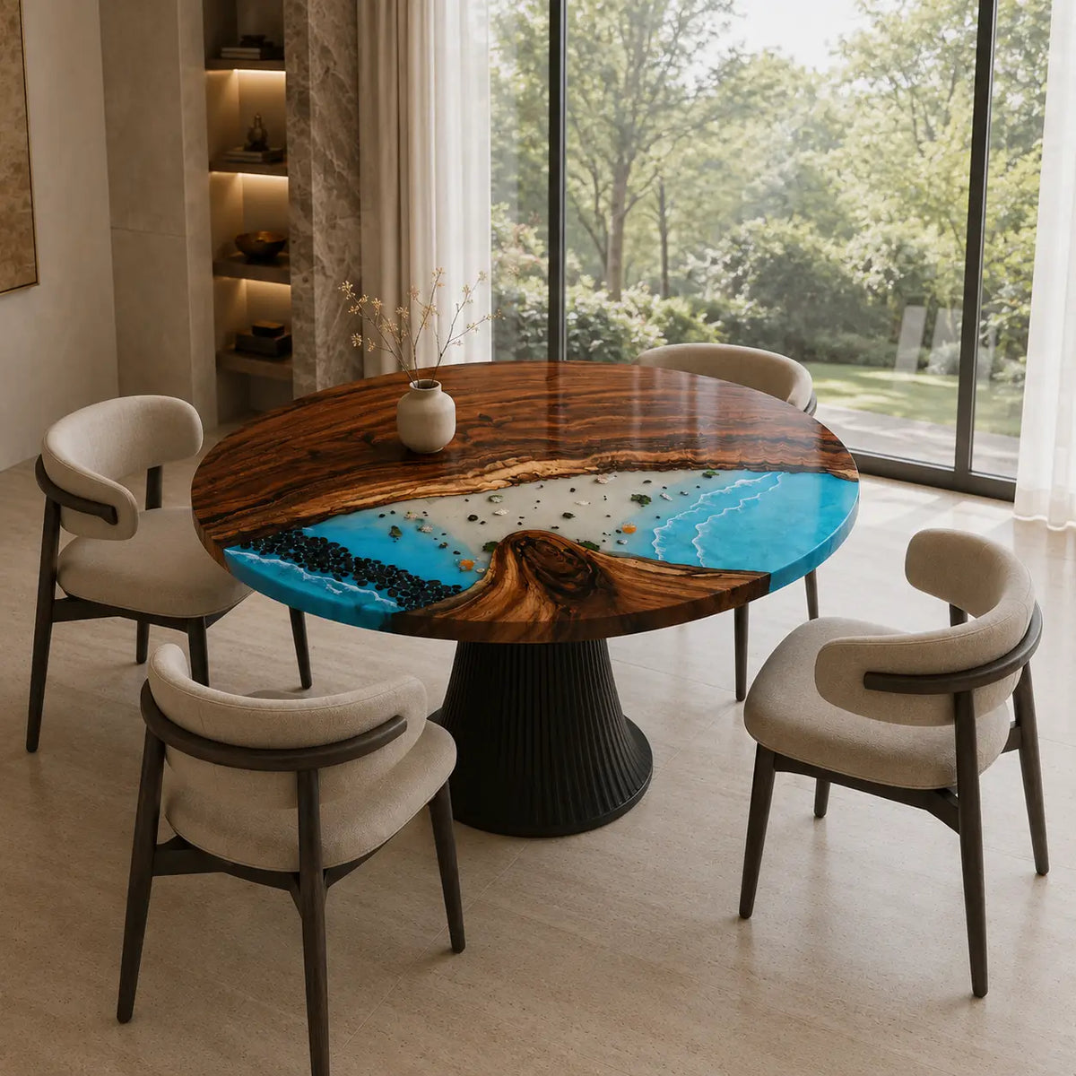 Lagoon Crest Ocean Epoxy Walnut Round Dining Table RT19