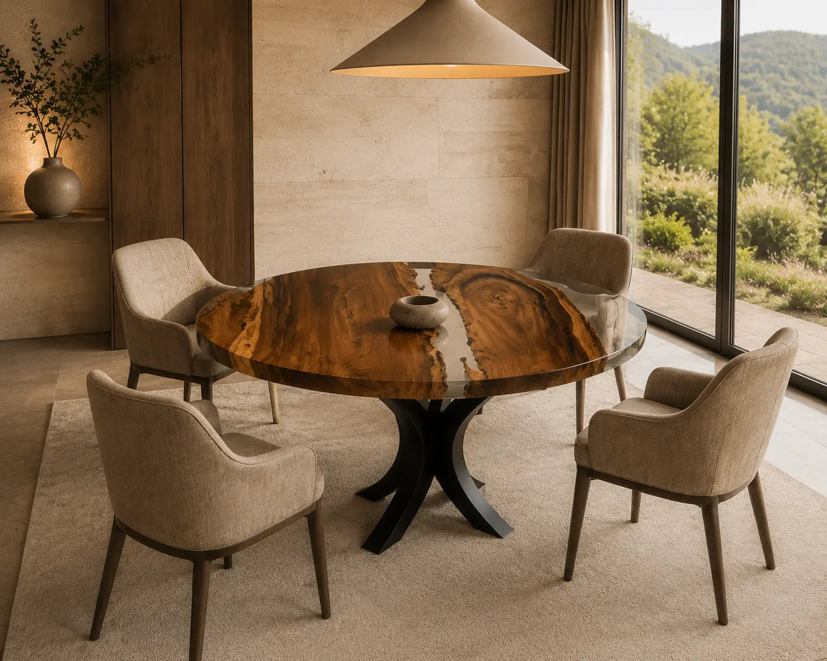 Walnut Orbit Clear Epoxy Round Dining Table RT21