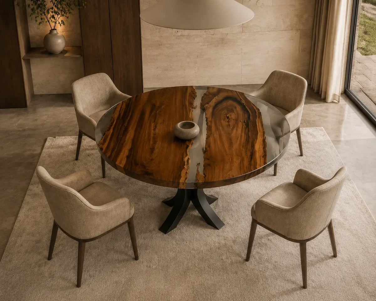 Walnut Orbit Clear Epoxy Round Dining Table RT21