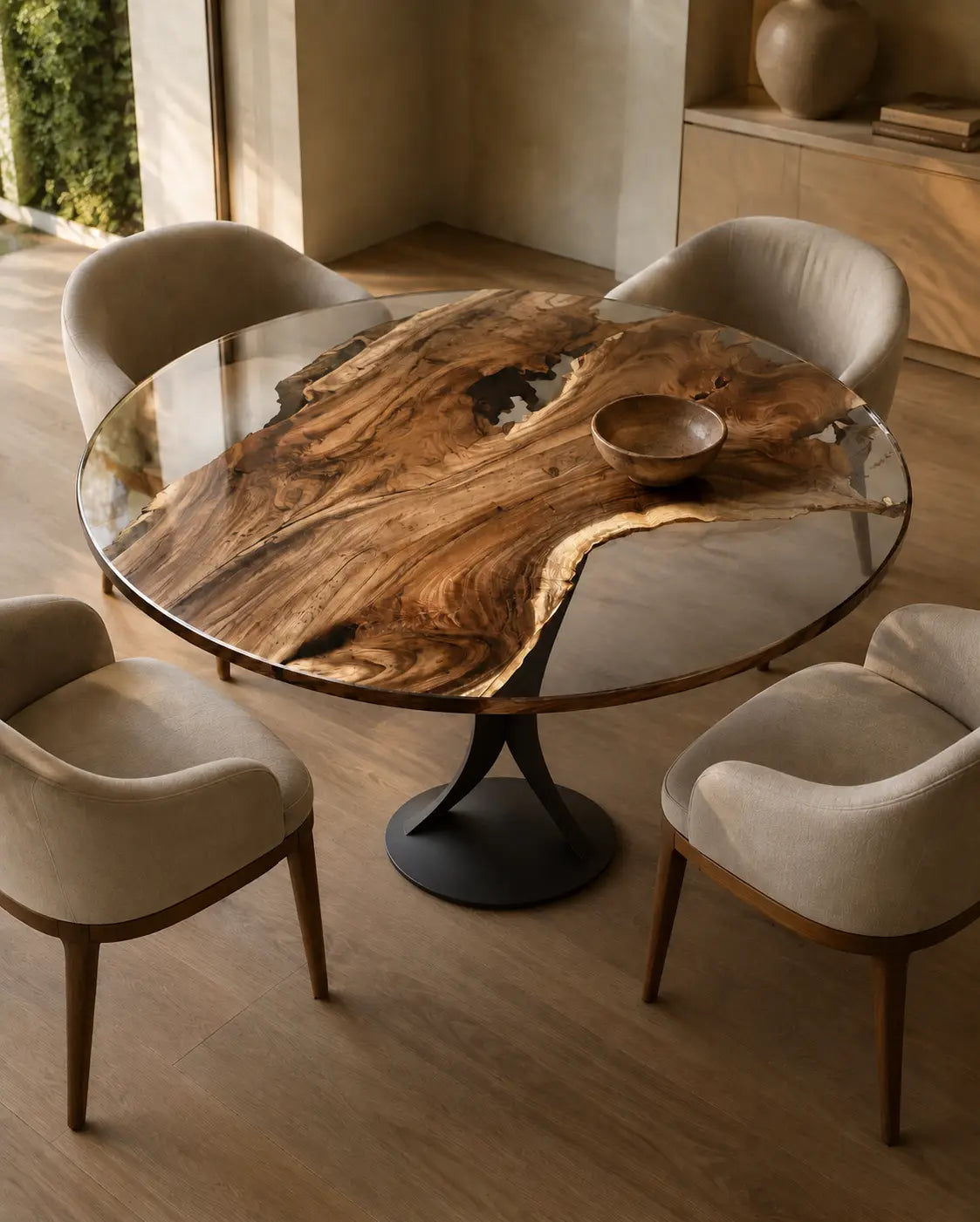 Driftwood Halo Clear Epoxy Walnut Round Dining Table – RT25