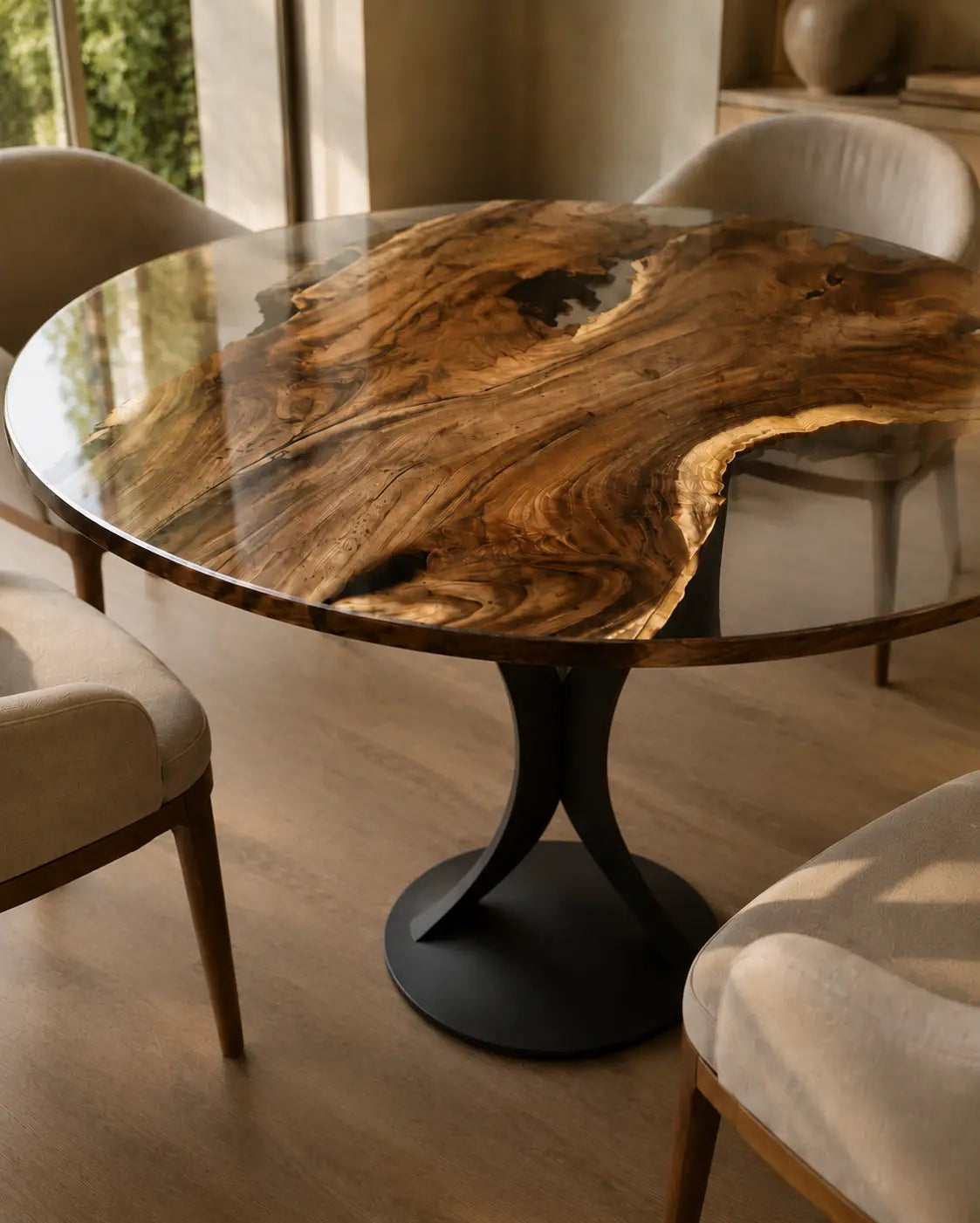 Driftwood Halo Clear Epoxy Walnut Round Dining Table RT25