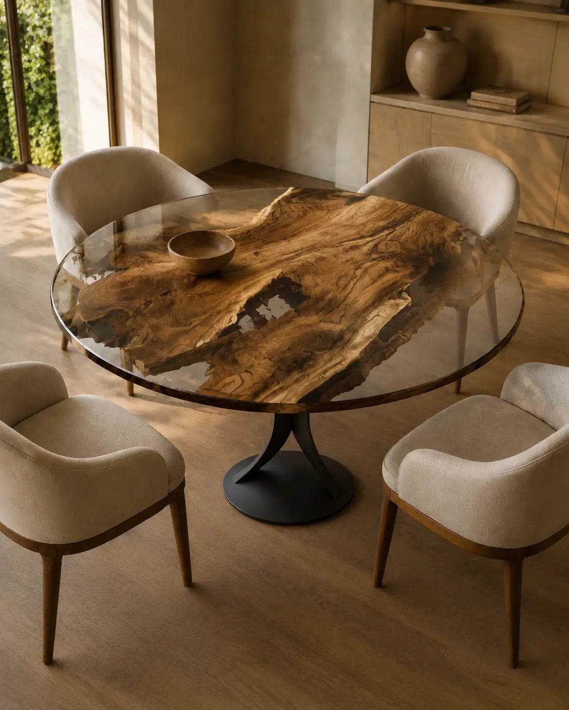 Driftwood Halo Clear Epoxy Walnut Round Dining Table RT25