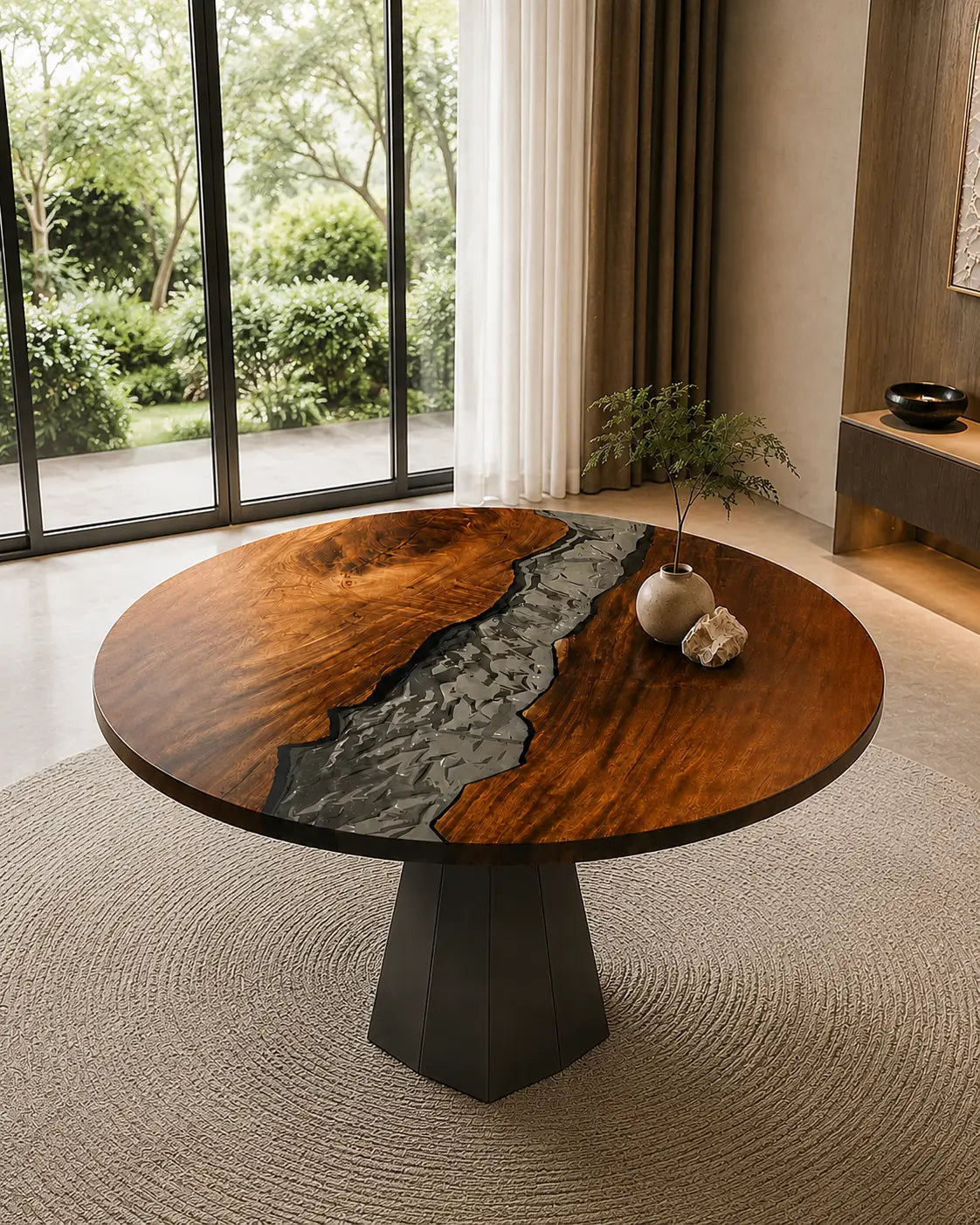 Stone Current Smoky Gray Epoxy Walnut Round Dining Table RT28