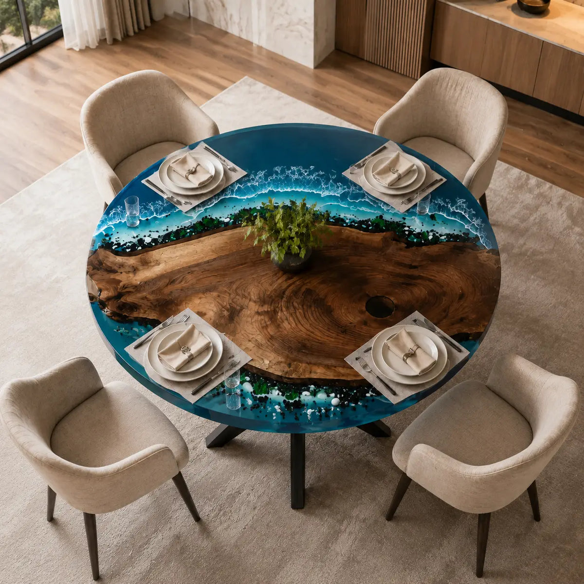 Tropical Tide Ocean Epoxy Black Walnut Round Dining Table – RT30
