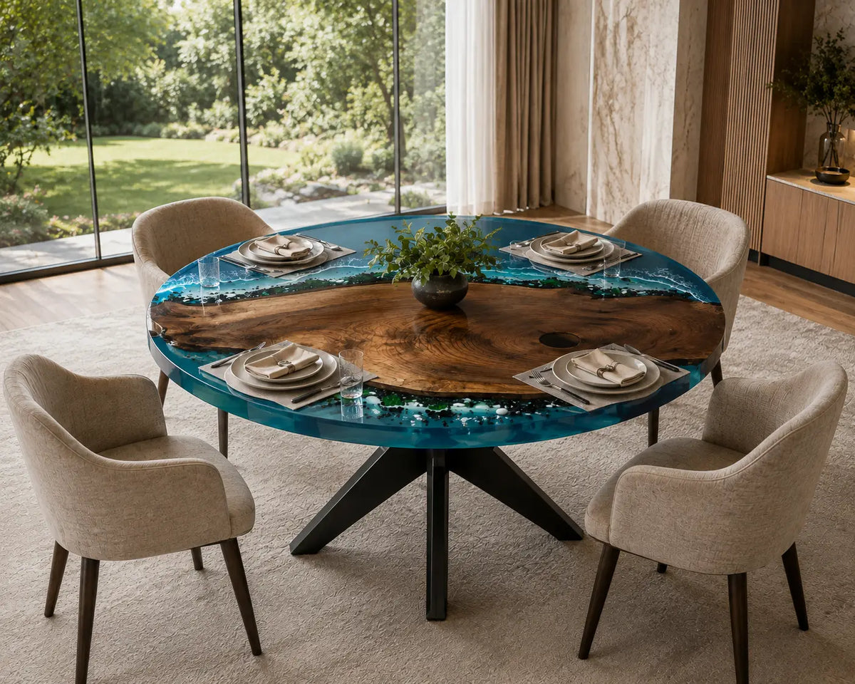 Tropical Tide Ocean Epoxy Black Walnut Round Dining Table RT30