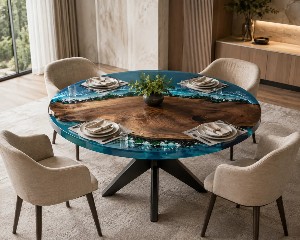 Tropical Tide Ocean Epoxy Black Walnut Round Dining Table RT30