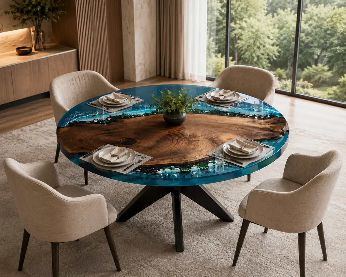 Tropical Tide Ocean Epoxy Black Walnut Round Dining Table RT30