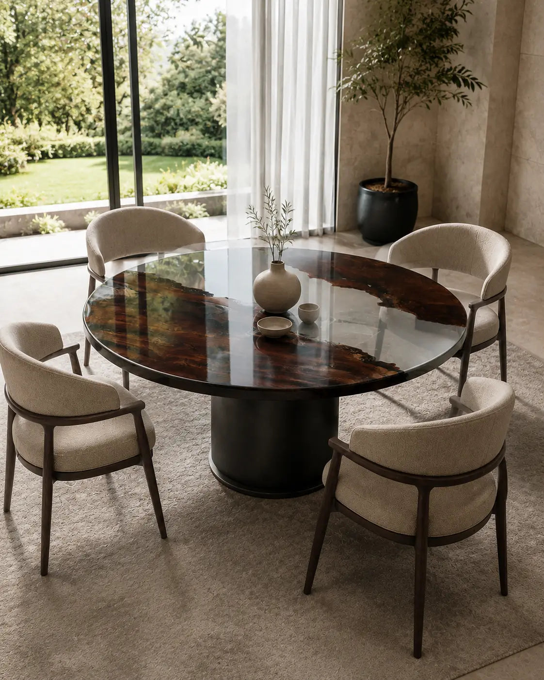 Glass Divide Clear Epoxy Black Walnut Round Dining Table RT31