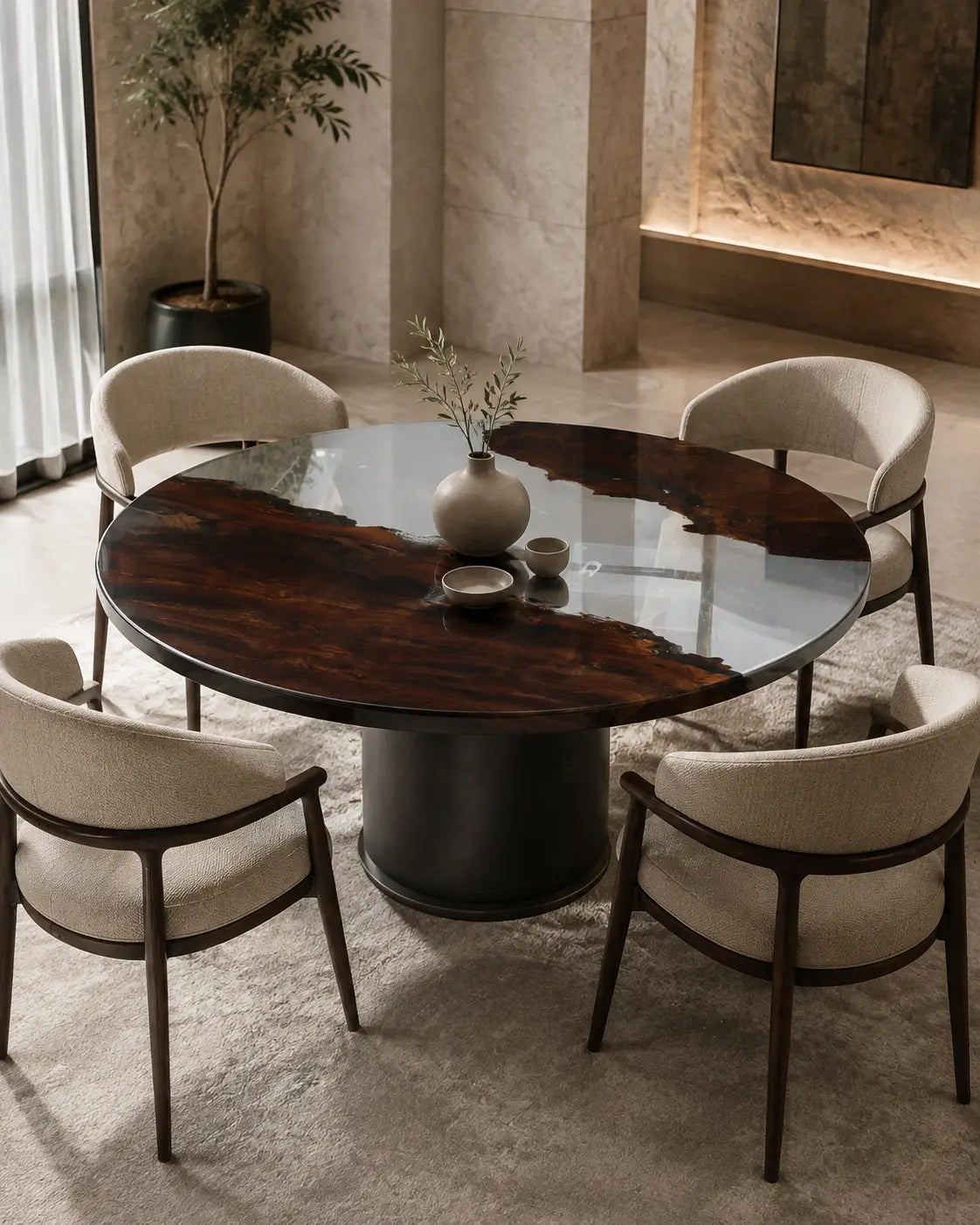Glass Divide Clear Epoxy Black Walnut Round Dining Table RT31