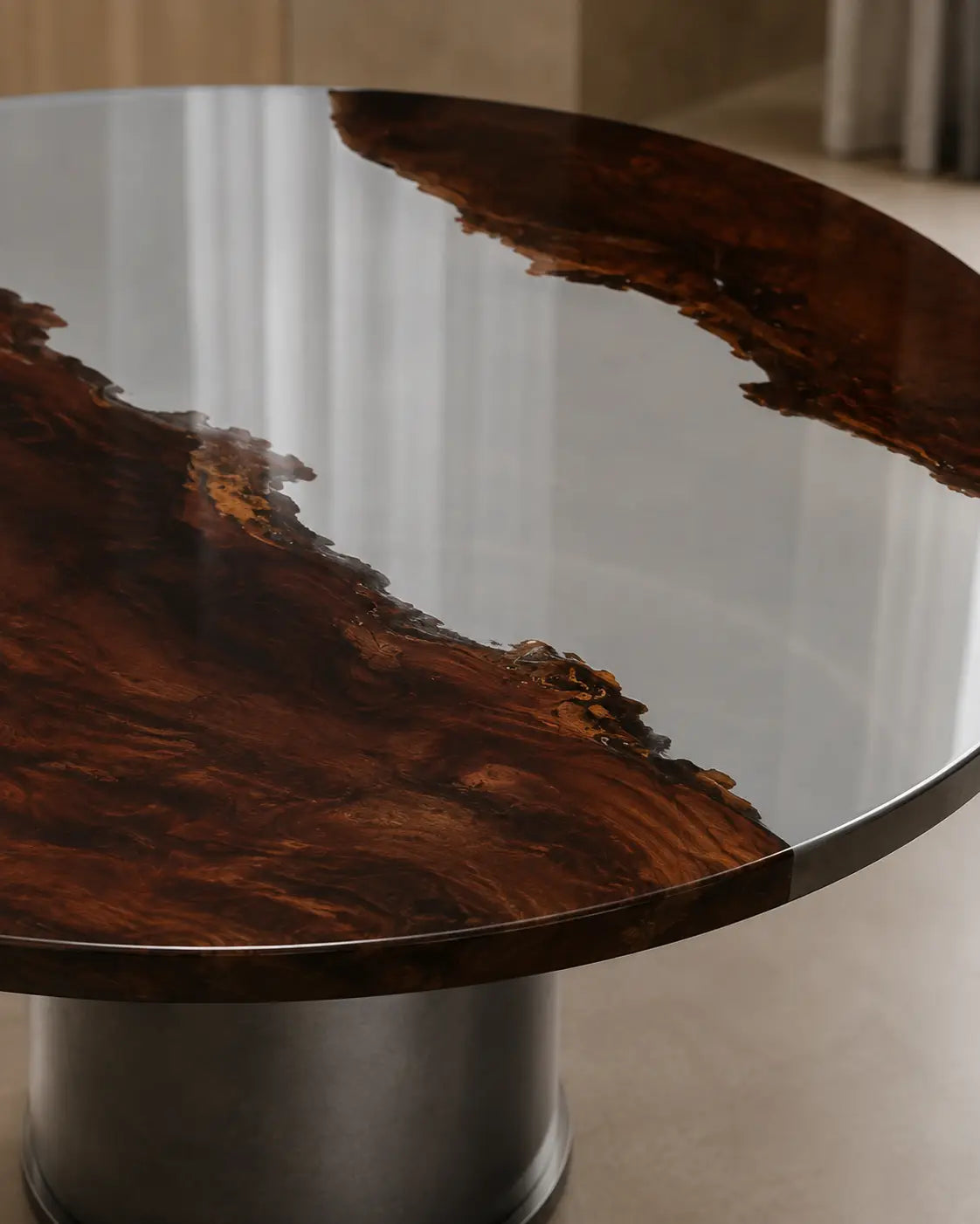 Glass Divide Clear Epoxy Black Walnut Round Dining Table RT31