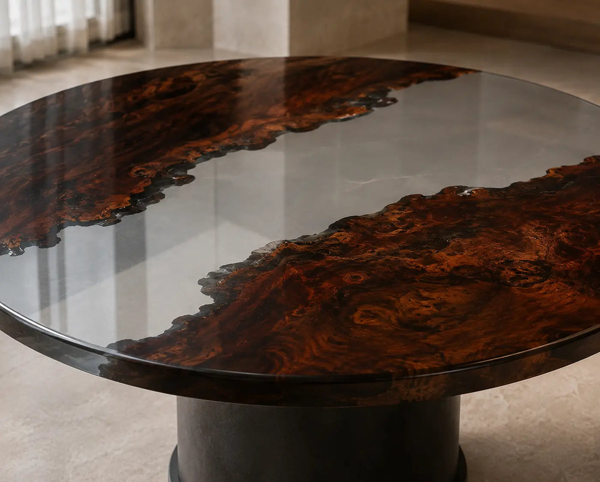 Glass Divide Clear Epoxy Black Walnut Round Dining Table RT31