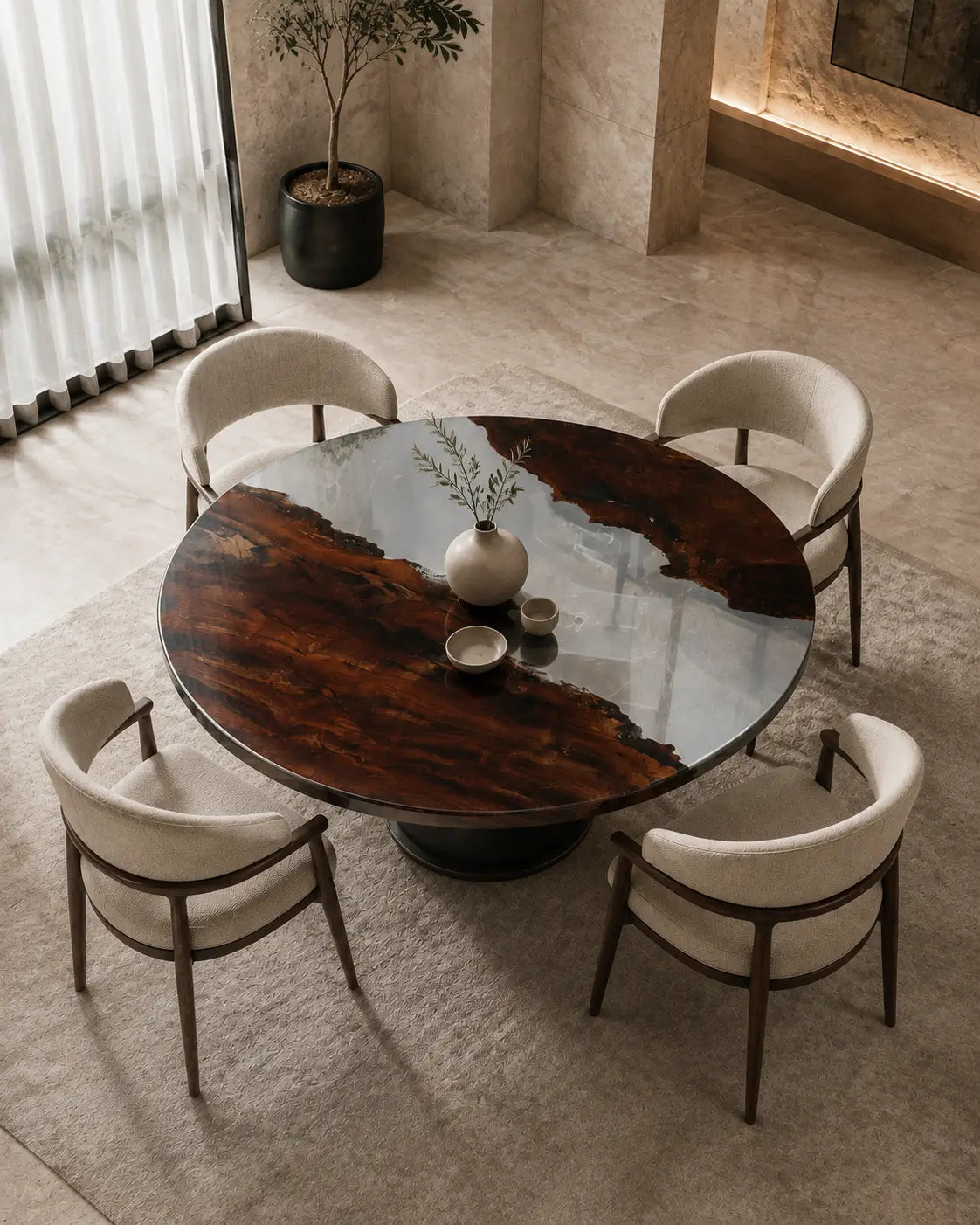 Glass Divide Clear Epoxy Black Walnut Round Dining Table RT31