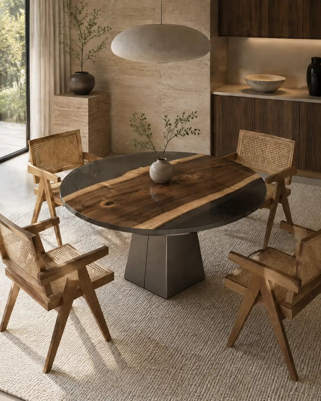 Dusk Crescent Smoky Epoxy Black Walnut Round Dining Table – RT33