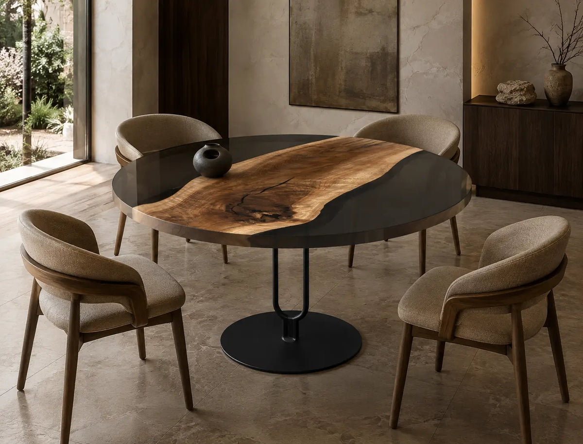 Shadow Banks Smoky Epoxy Black Walnut Round Dining Table RT32