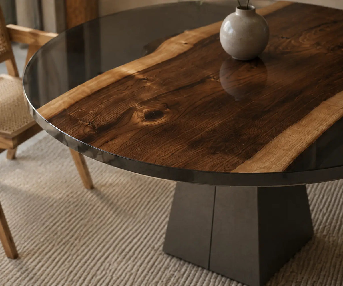 Dusk Crescent Smoky Epoxy Black Walnut Round Dining Table RT33