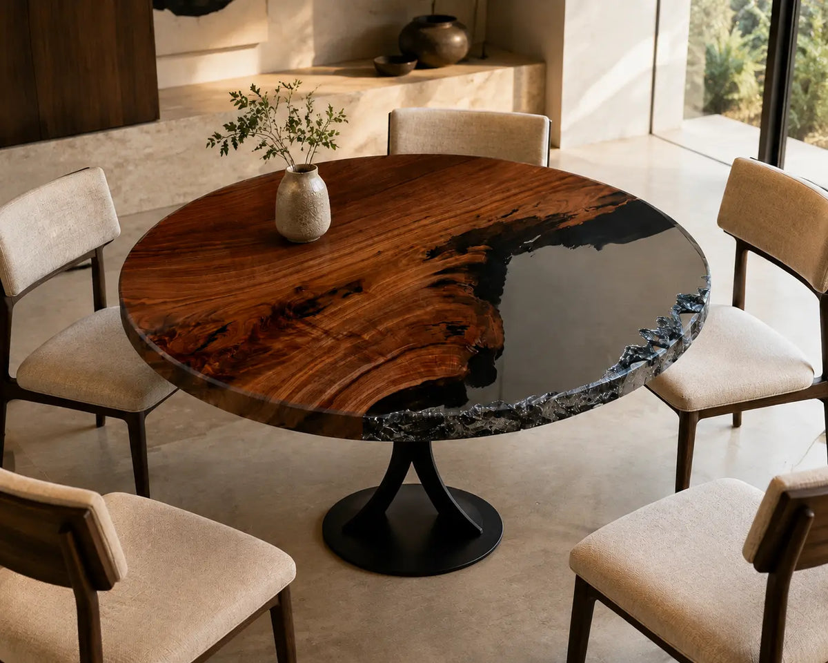 Crystal Escarpment Smoky Epoxy Black Walnut Round Table RT35
