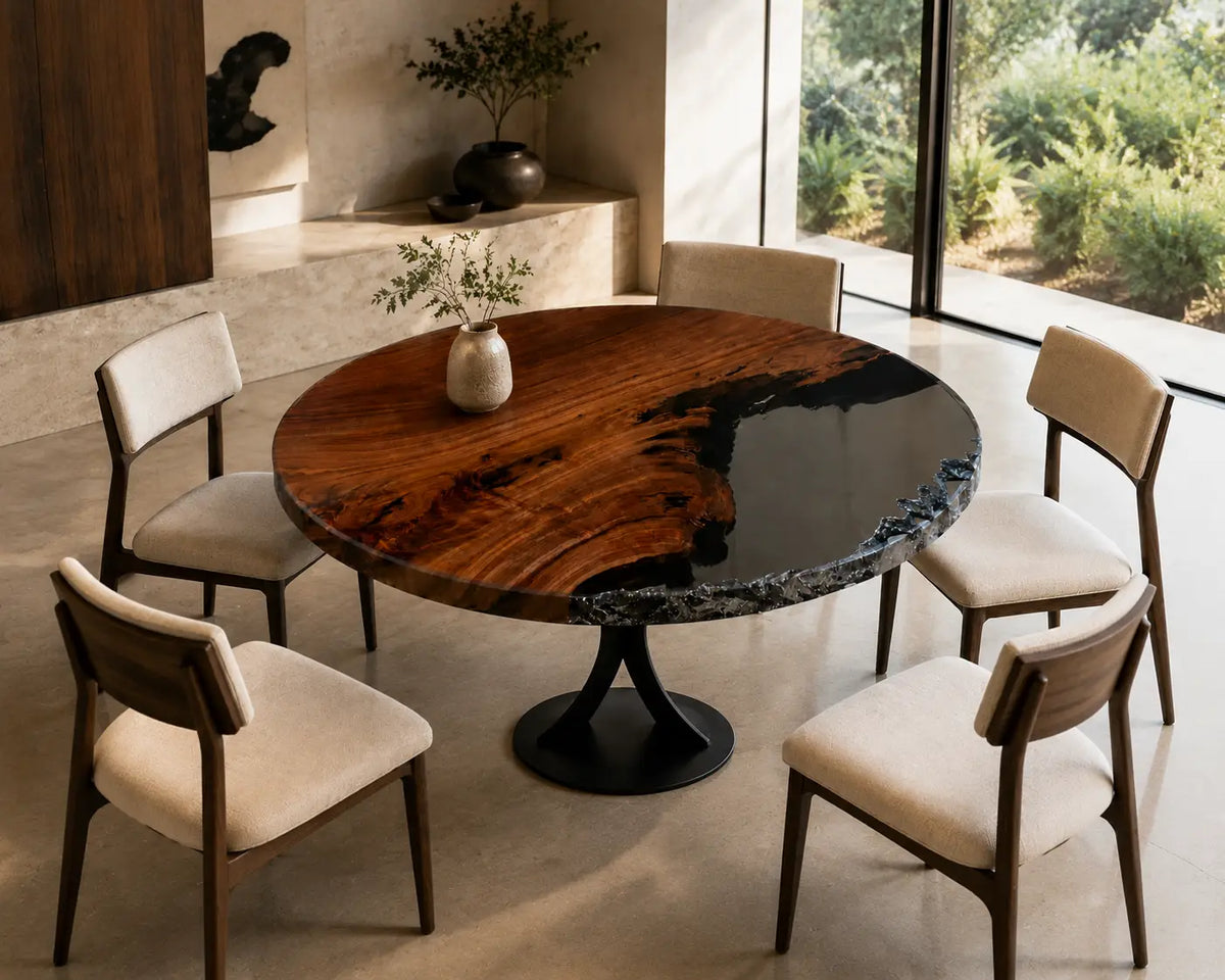 Crystal Escarpment Smoky Epoxy Black Walnut Round Table RT35