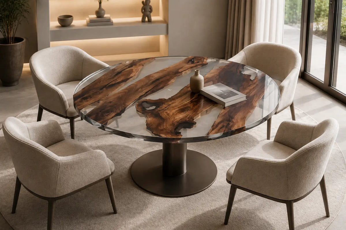 Olive Straits Clear Epoxy Olive Wood Round Dining Table RT44
