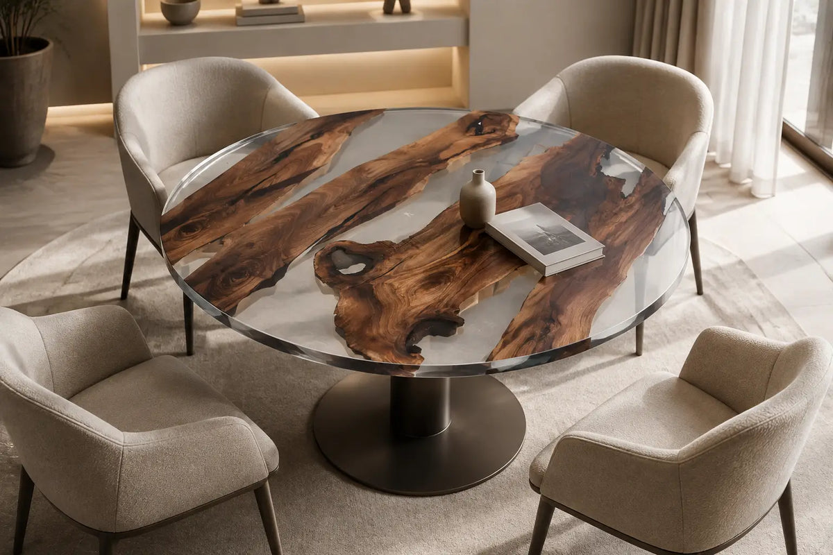 Olive Straits Clear Epoxy Olive Wood Round Dining Table RT44
