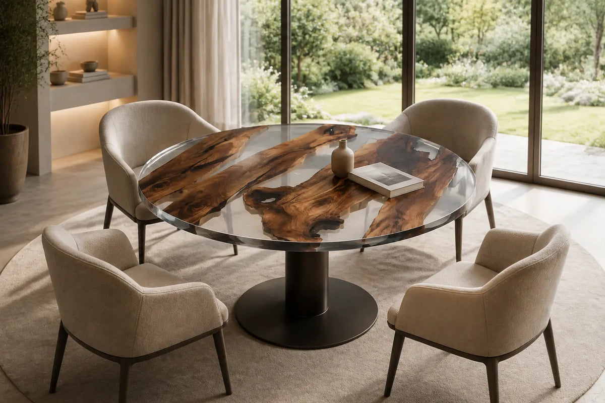 Olive Straits Clear Epoxy Olive Wood Round Dining Table RT44