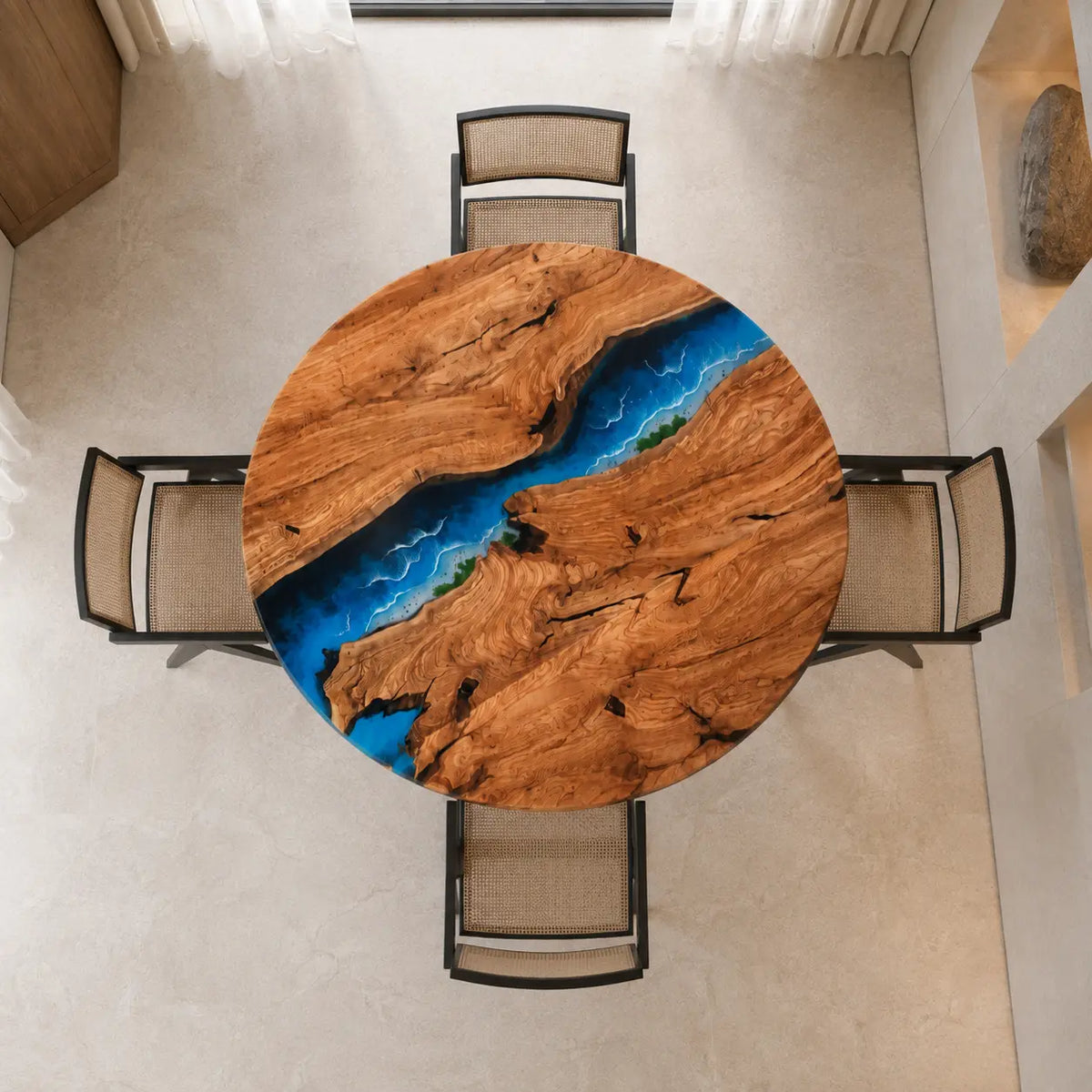 Sapphire Coast Ocean Epoxy Olive Wood Round Table – RT46