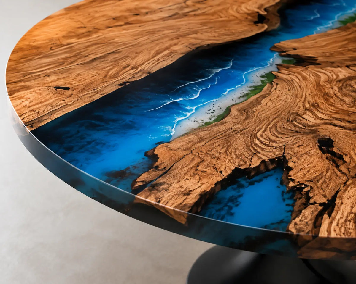 Sapphire Coast Ocean Epoxy Olive Wood Round Table RT46