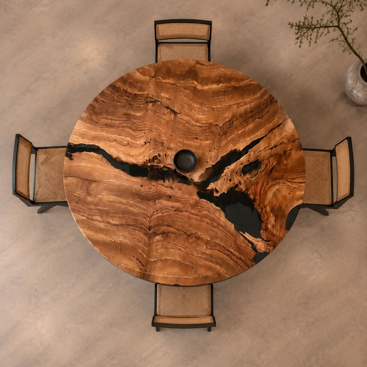 Obsidian Tributary Epoxy Olive Wood Round Dining Table – RT47
