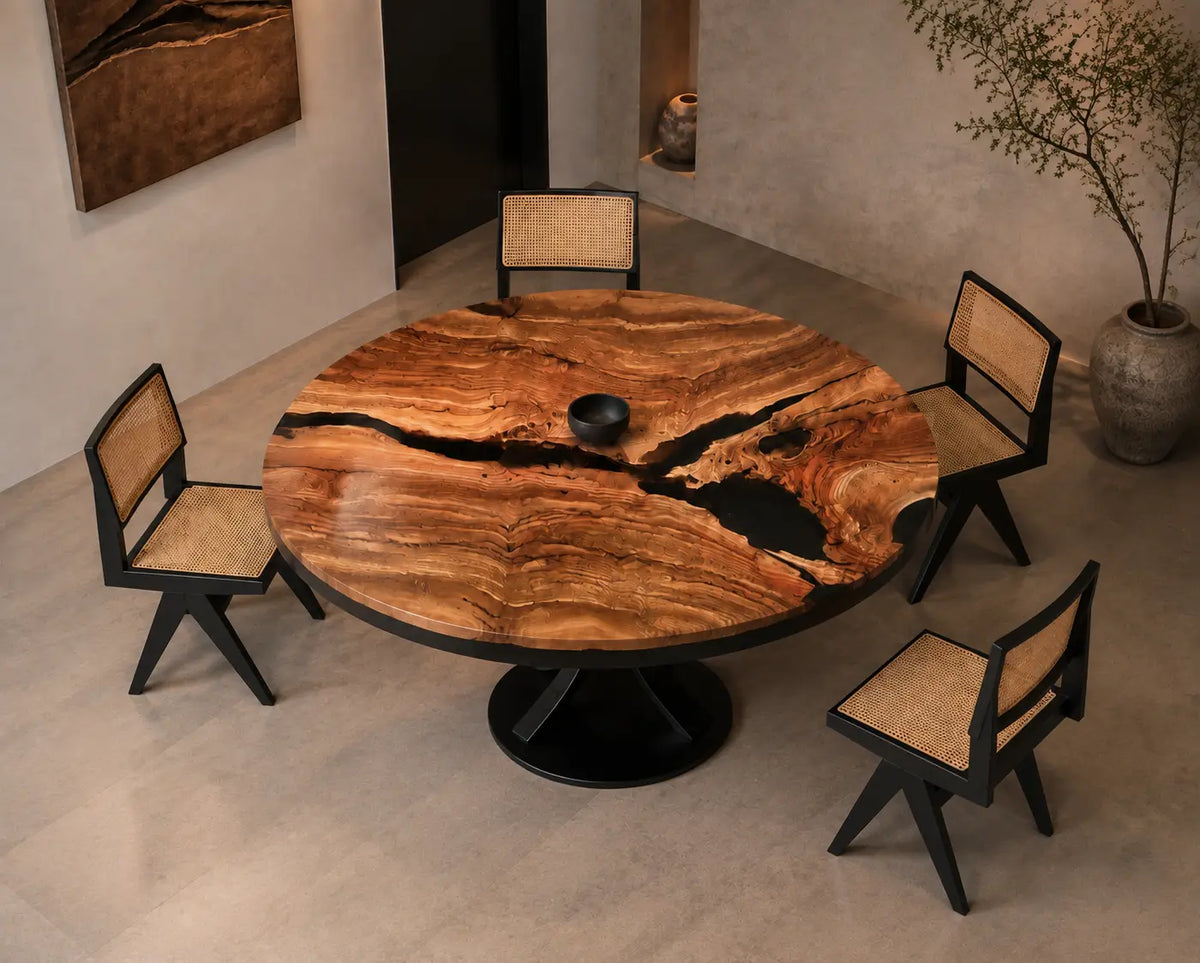 Obsidian Tributary Epoxy Olive Wood Round Dining Table RT47