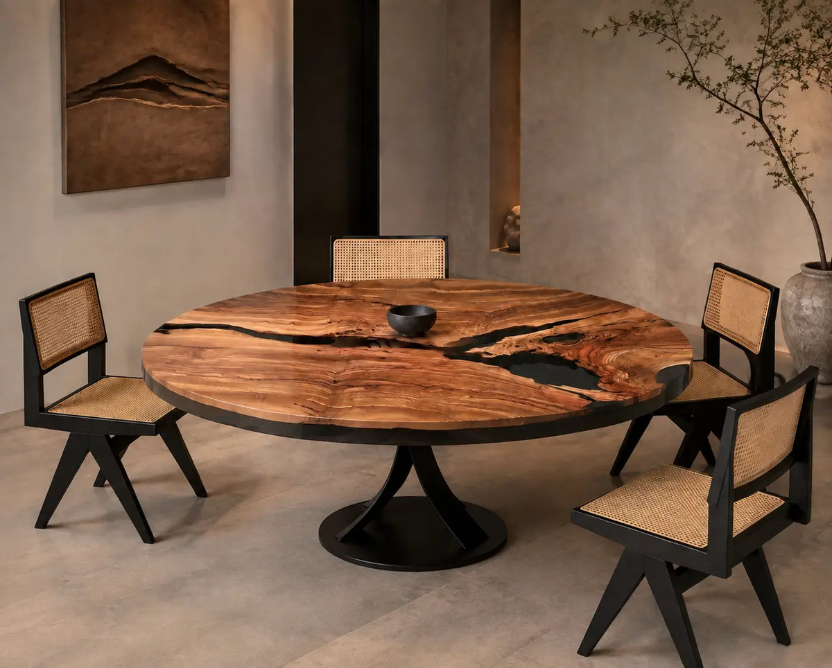 Obsidian Tributary Epoxy Olive Wood Round Dining Table RT47