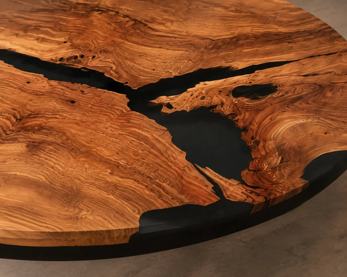 Obsidian Tributary Epoxy Olive Wood Round Dining Table RT47