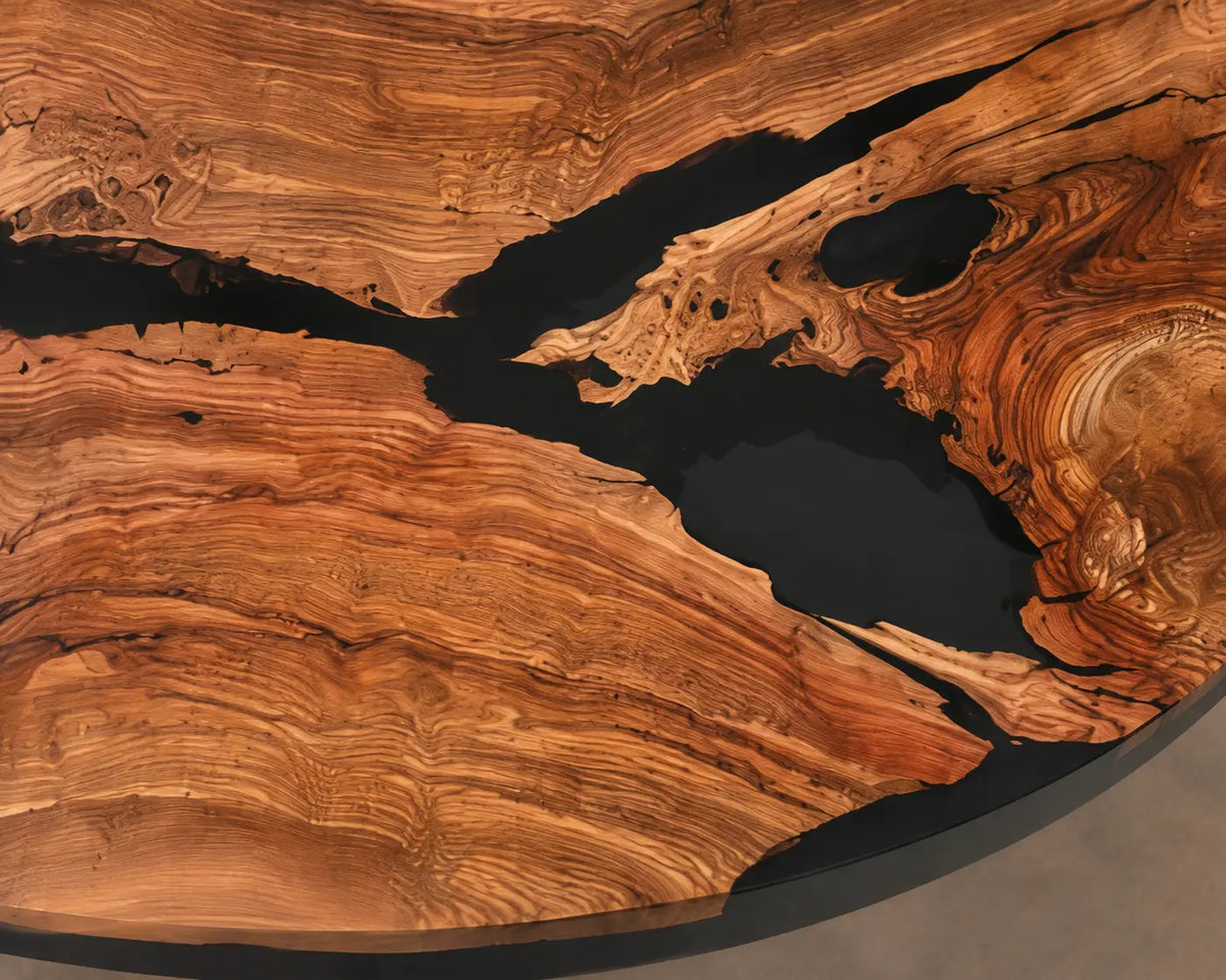 Obsidian Tributary Epoxy Olive Wood Round Dining Table RT47