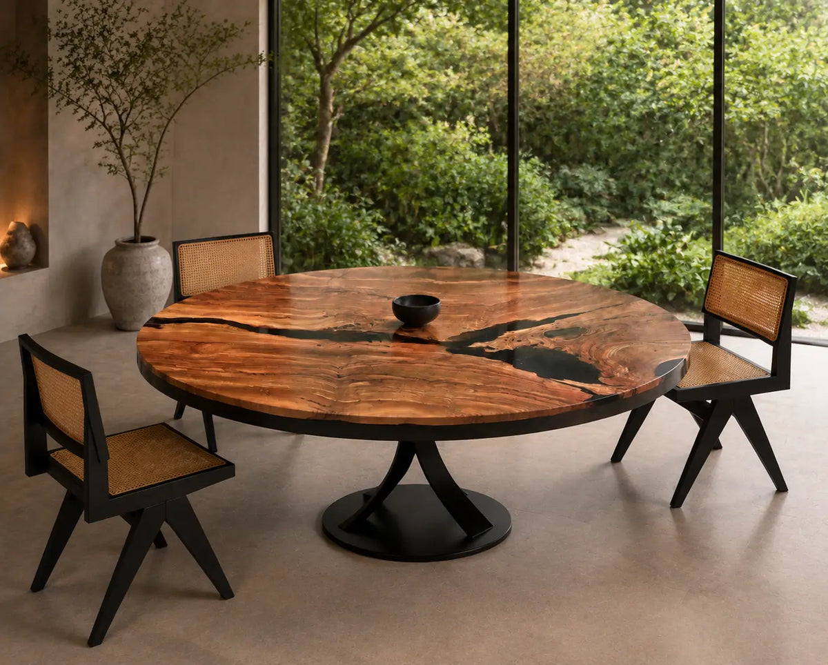 Obsidian Tributary Epoxy Olive Wood Round Dining Table RT47