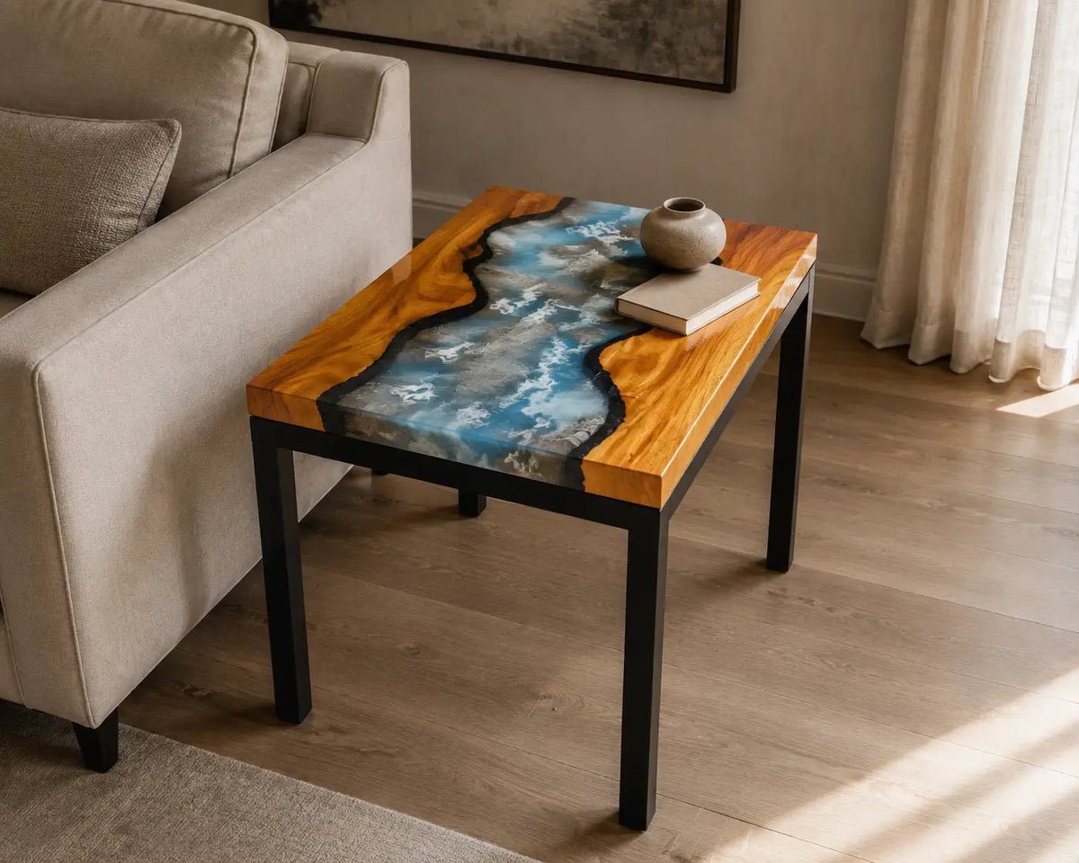 Silver Rapids smoky gray & pearlescent white epoxy river walnut side and end table SET01