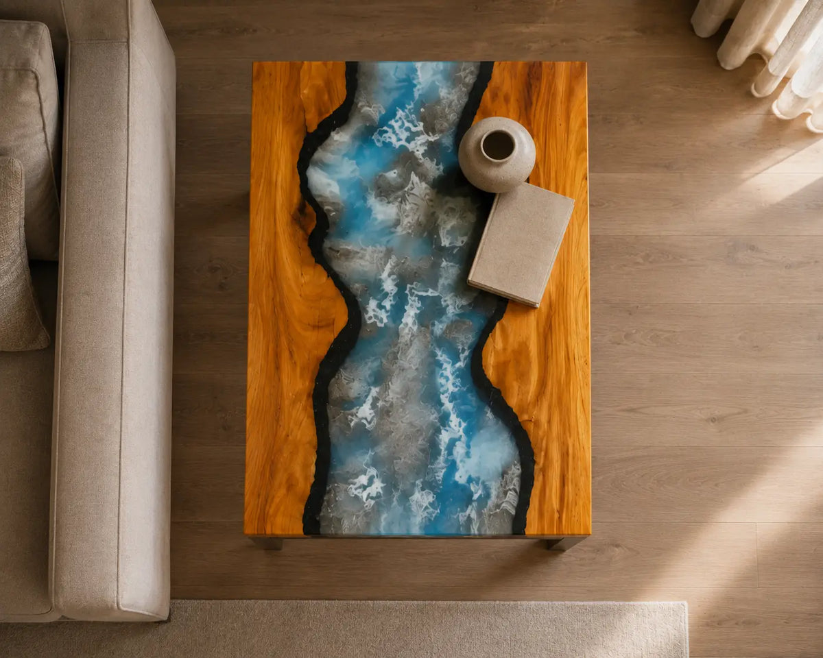 Silver Rapids Smoky Gray & Pearlescent White Epoxy River Walnut Side & End Table SET01