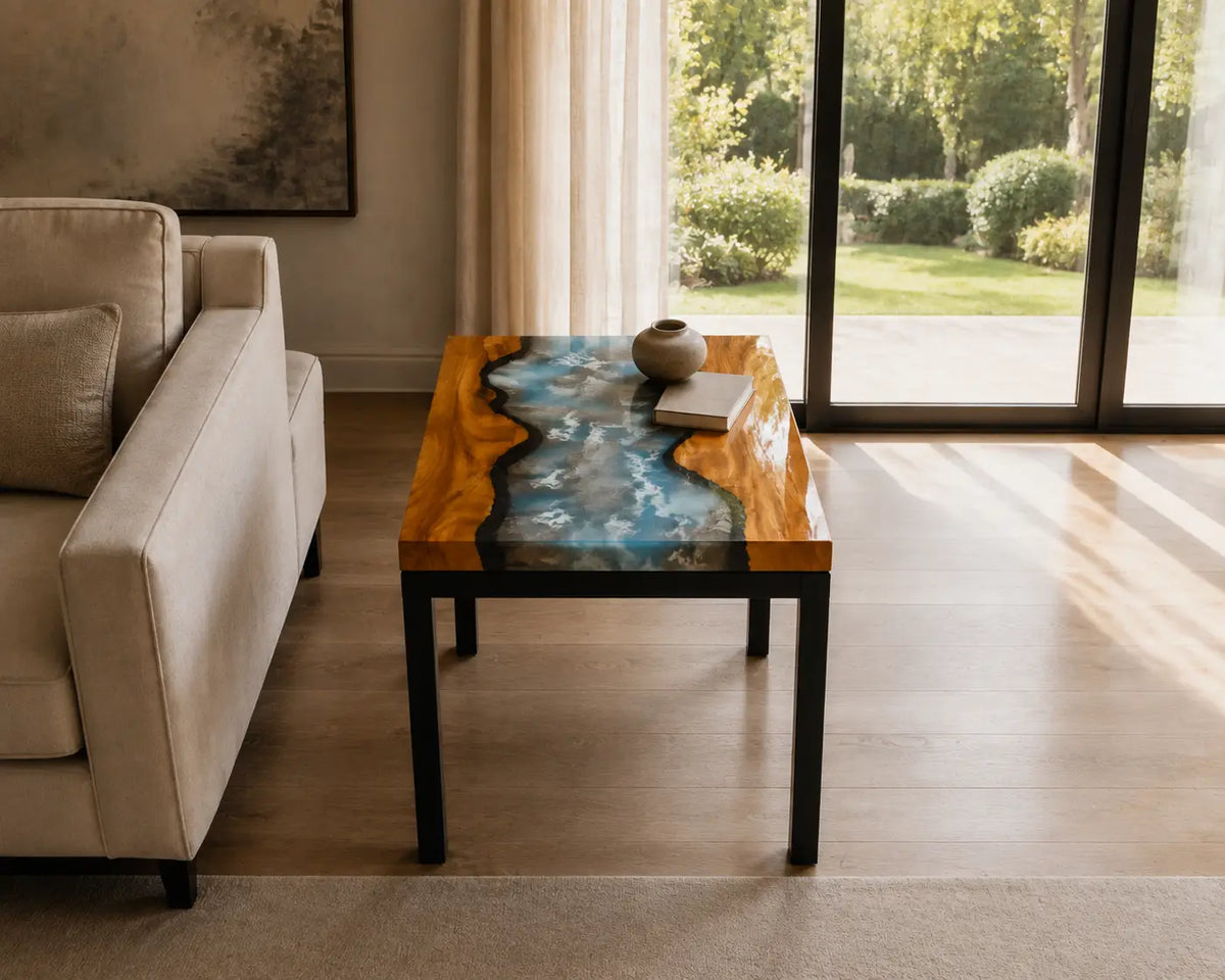 Silver Rapids Smoky Gray & Pearlescent White Epoxy River Walnut Side & End Table SET01