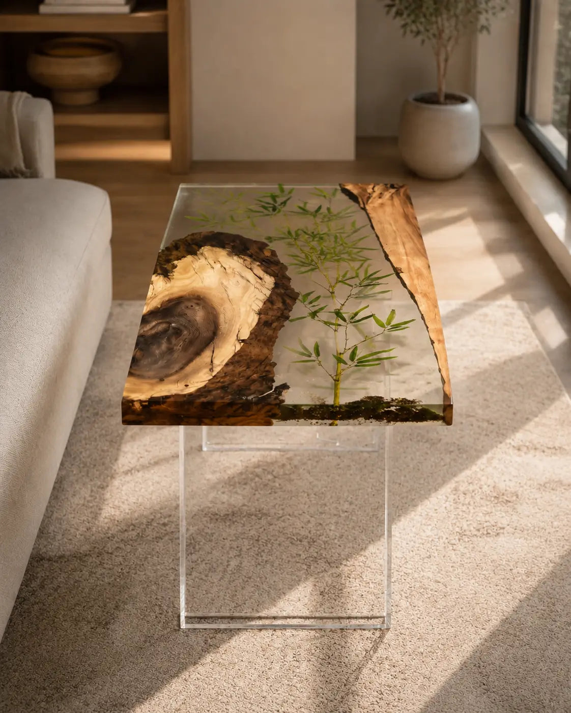 Botanical Window Crystal Clear with Botanical Inlays Epoxy Walnut Side & End Table SET03