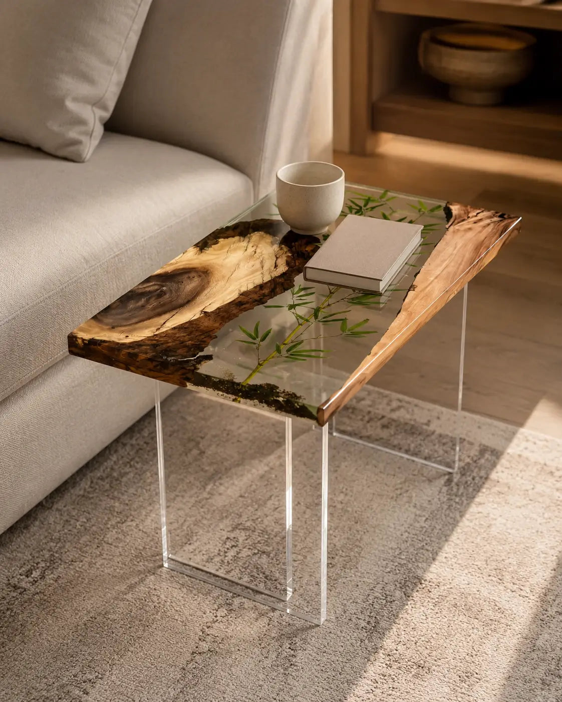 Botanical Window Crystal Clear with Botanical Inlays Epoxy Walnut Side & End Table SET03
