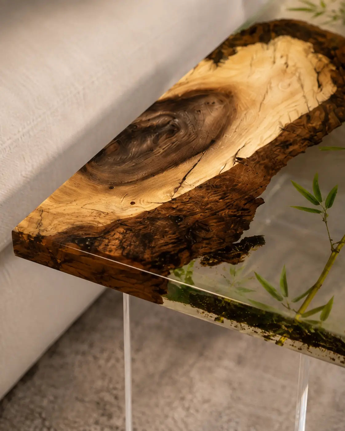 Botanical Window Crystal Clear with Botanical Inlays Epoxy Walnut Side & End Table SET03
