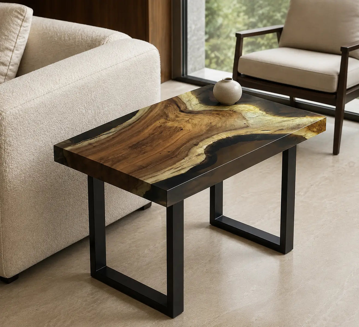 Smoke Bend Smoky Transparent Gray Epoxy River Walnut Side & End Table SET05