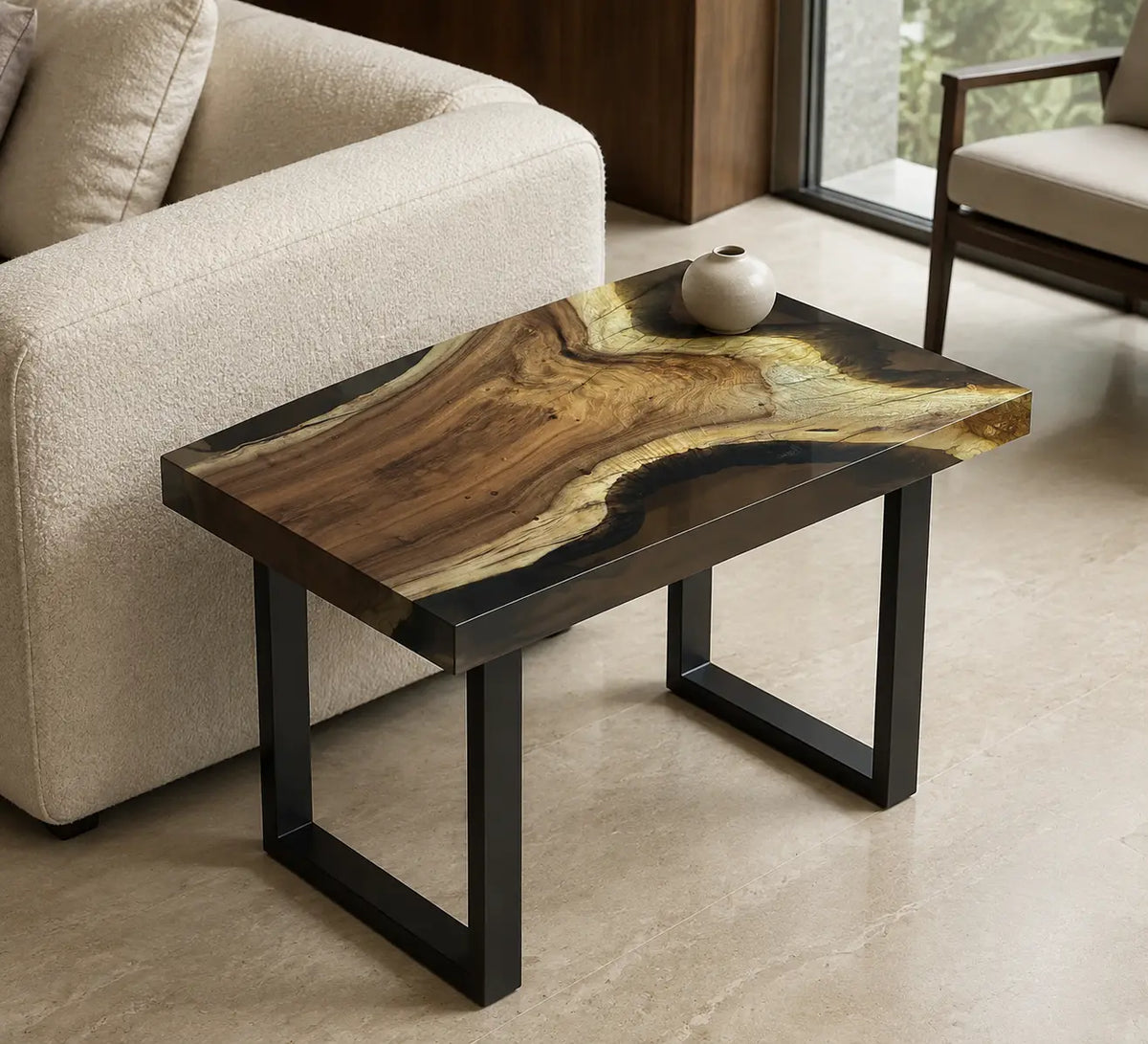 Smoke Bend Smoky Transparent Gray Epoxy River Walnut Side & End Table SET05
