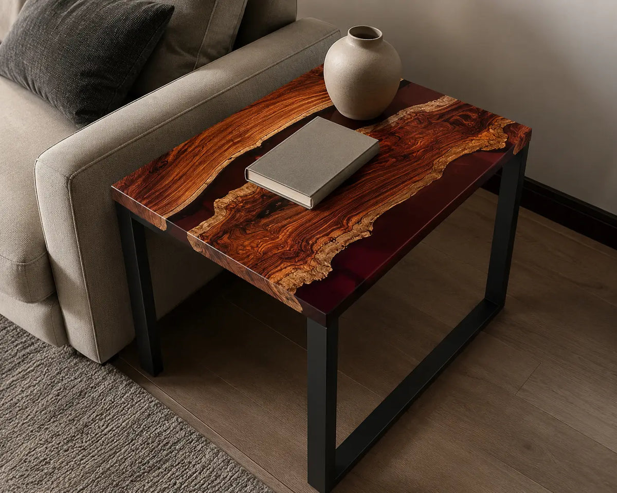 Ruby Ravine ruby red transparent epoxy river walnut side and end table SET06