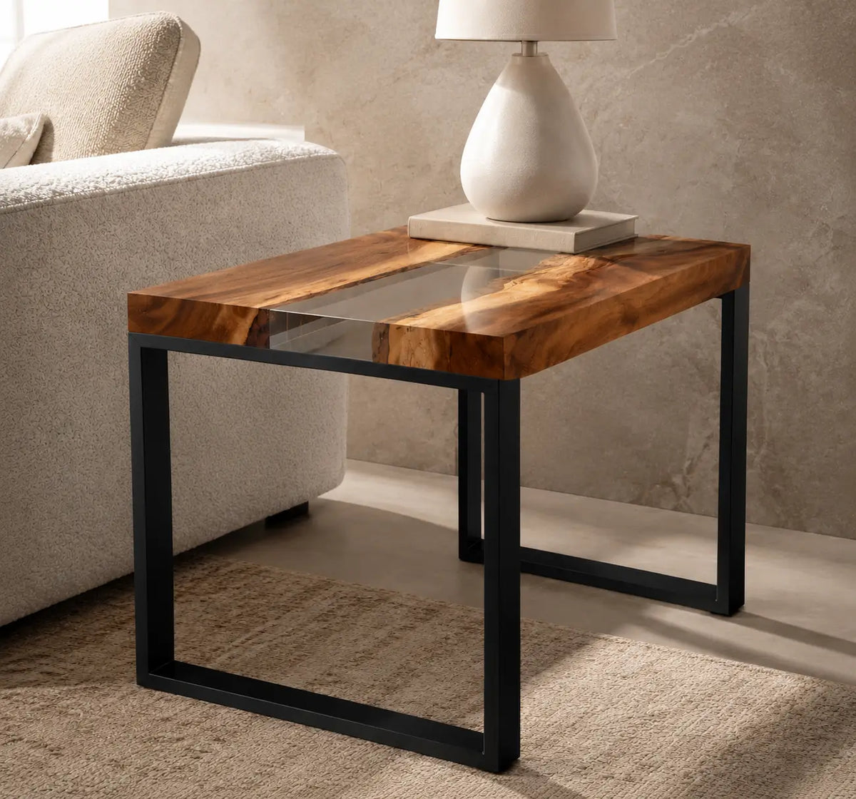 Onyx Divide pure black epoxy river walnut side and end table SET07