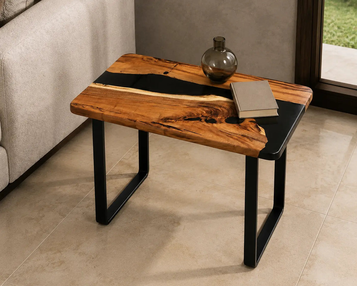 Onyx Divide Pure Black Epoxy River Walnut Side & End Table SET07