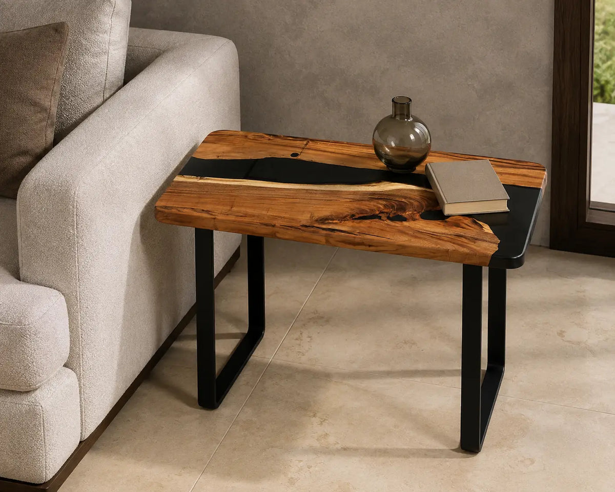 Onyx Divide Pure Black Epoxy River Walnut Side & End Table SET07