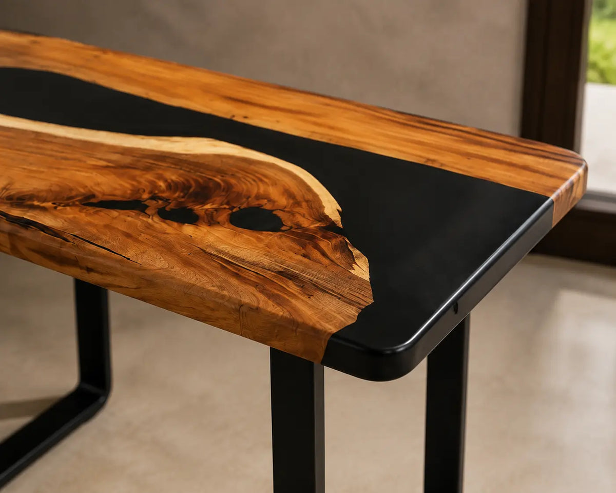 Onyx Divide Pure Black Epoxy River Walnut Side & End Table SET07