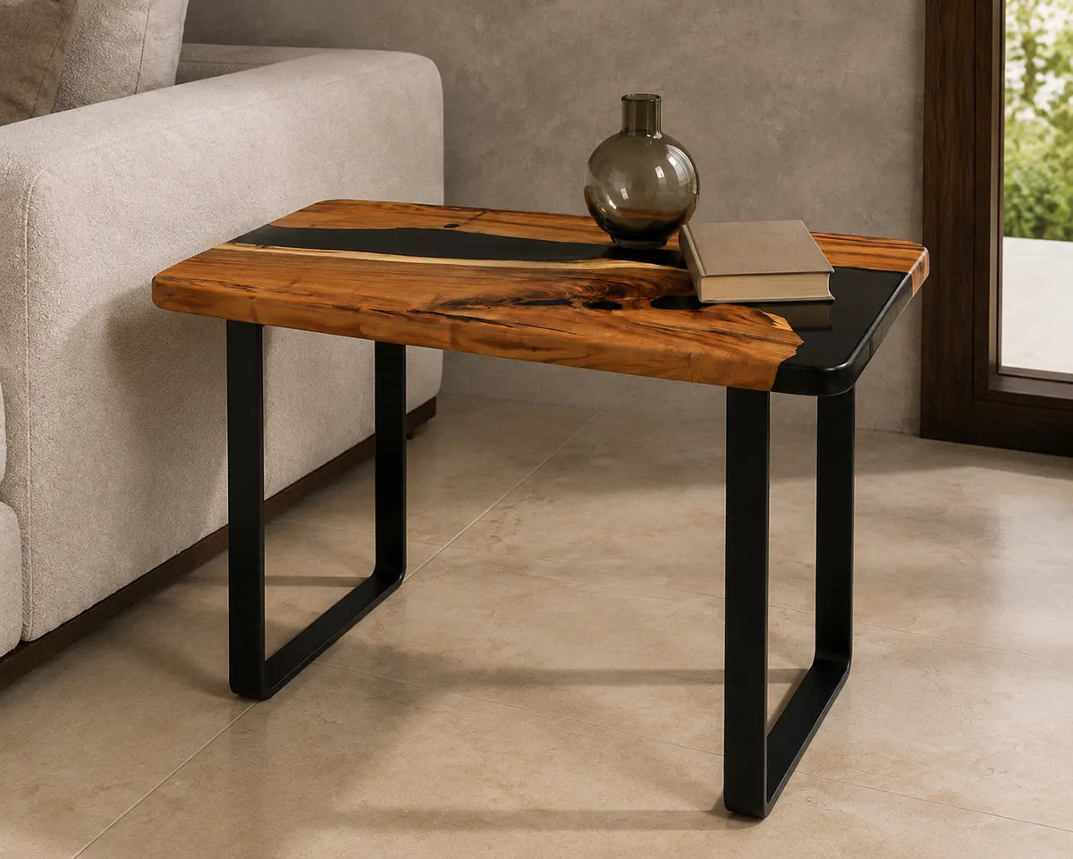 Onyx Divide Pure Black Epoxy River Walnut Side & End Table SET07