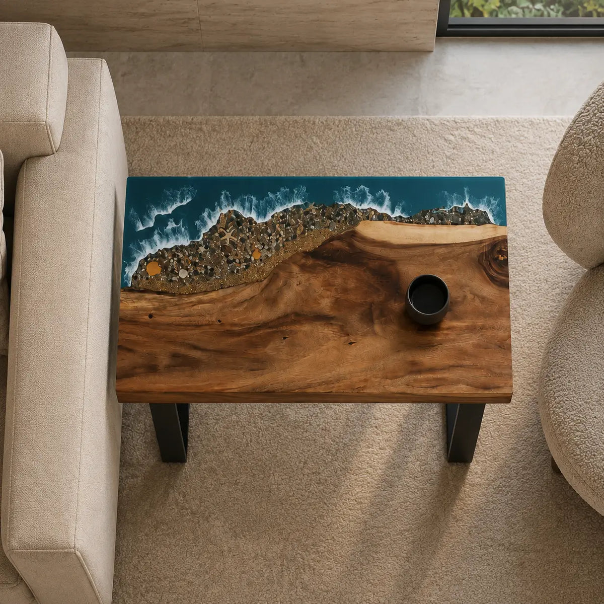 Coastal Corner ocean blue with white surf epoxy ocean walnut side and end table SET09