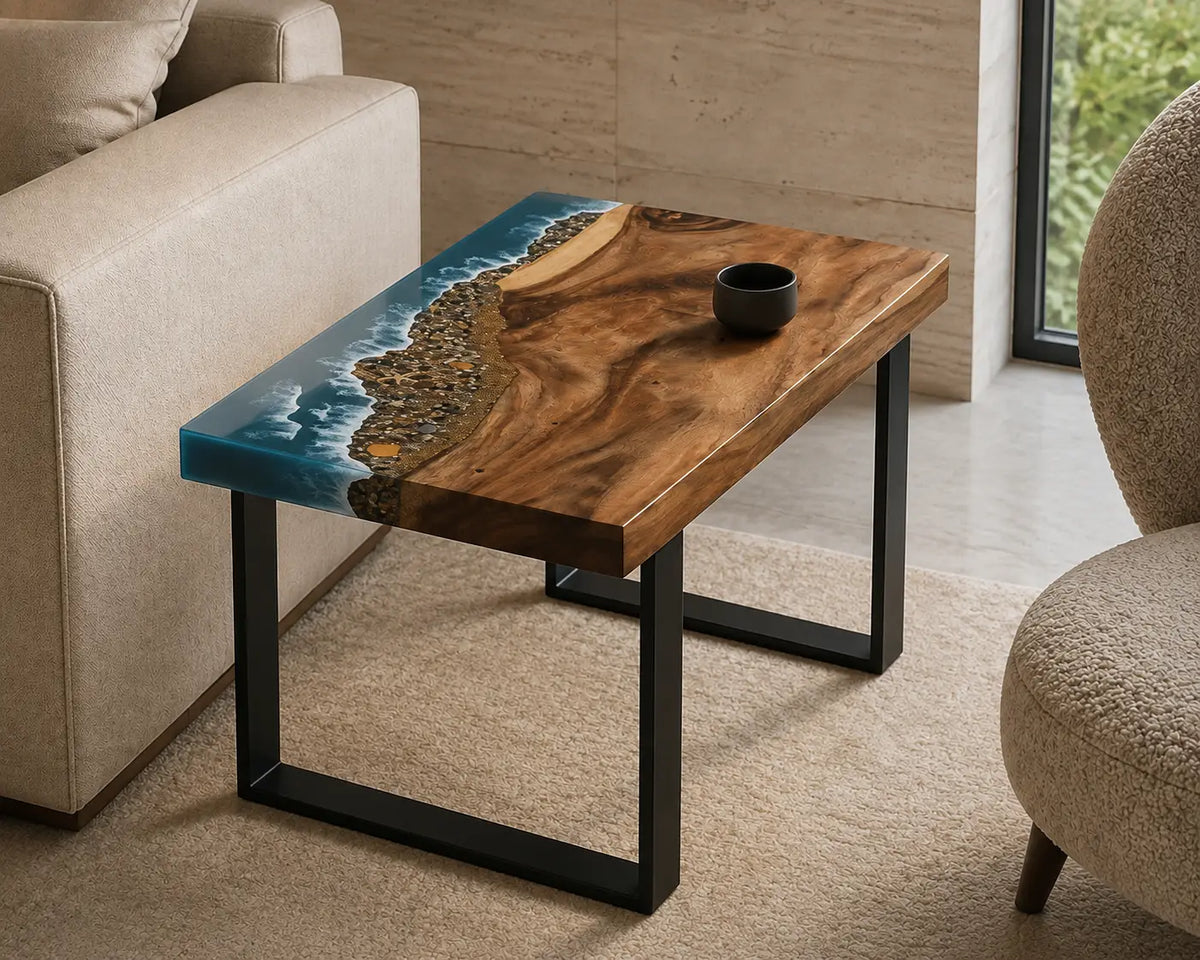 Coastal Corner Ocean Blue with White Surf Epoxy Ocean Walnut Side & End Table SET09