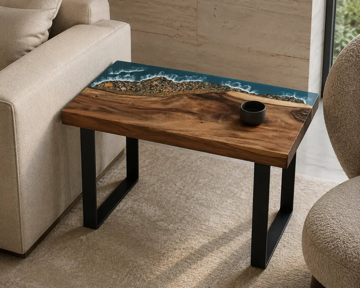 Coastal Corner Ocean Blue with White Surf Epoxy Ocean Walnut Side & End Table SET09